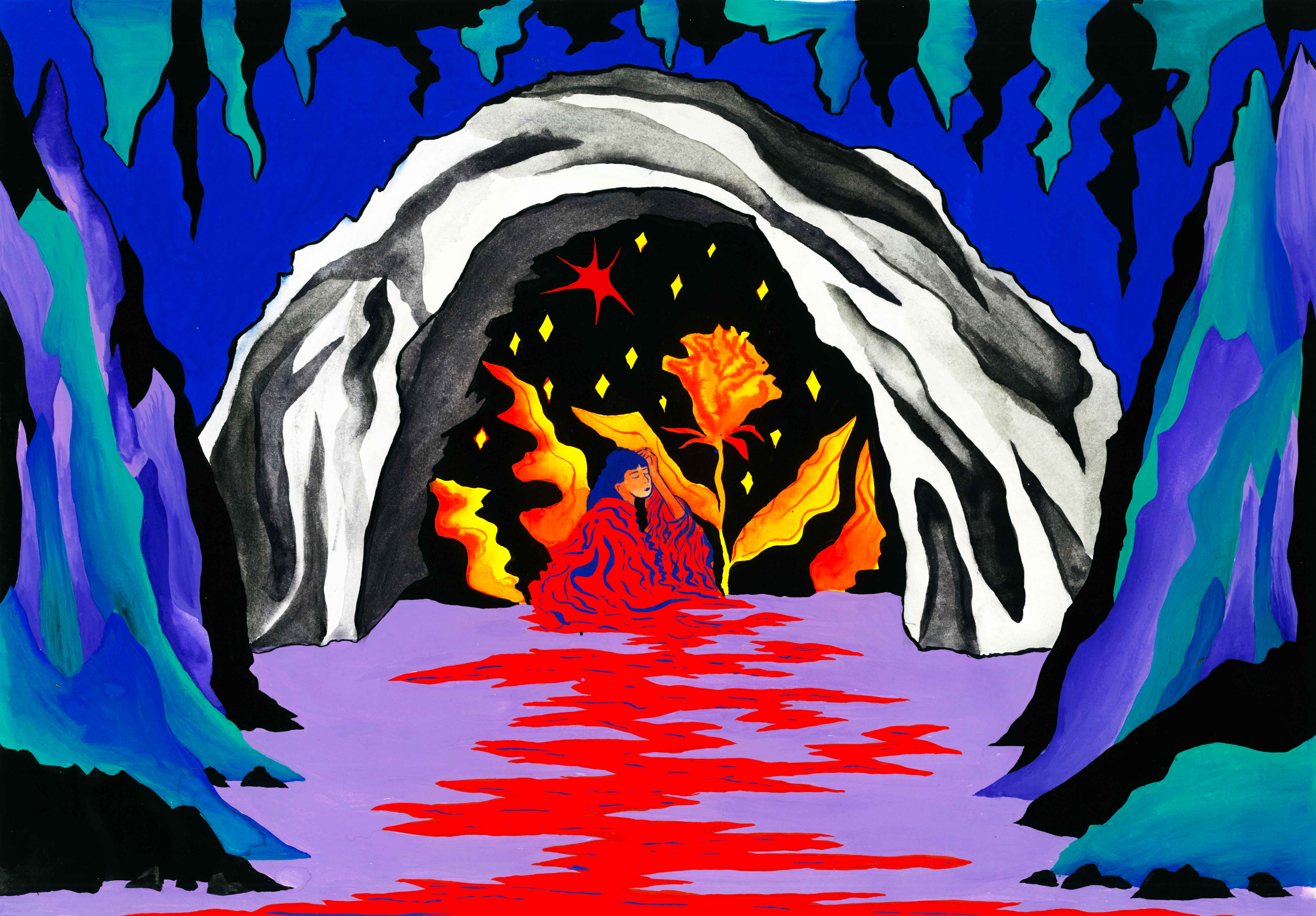 Sous la grotte, peinture à la gouache, 29,7 x 42 cm