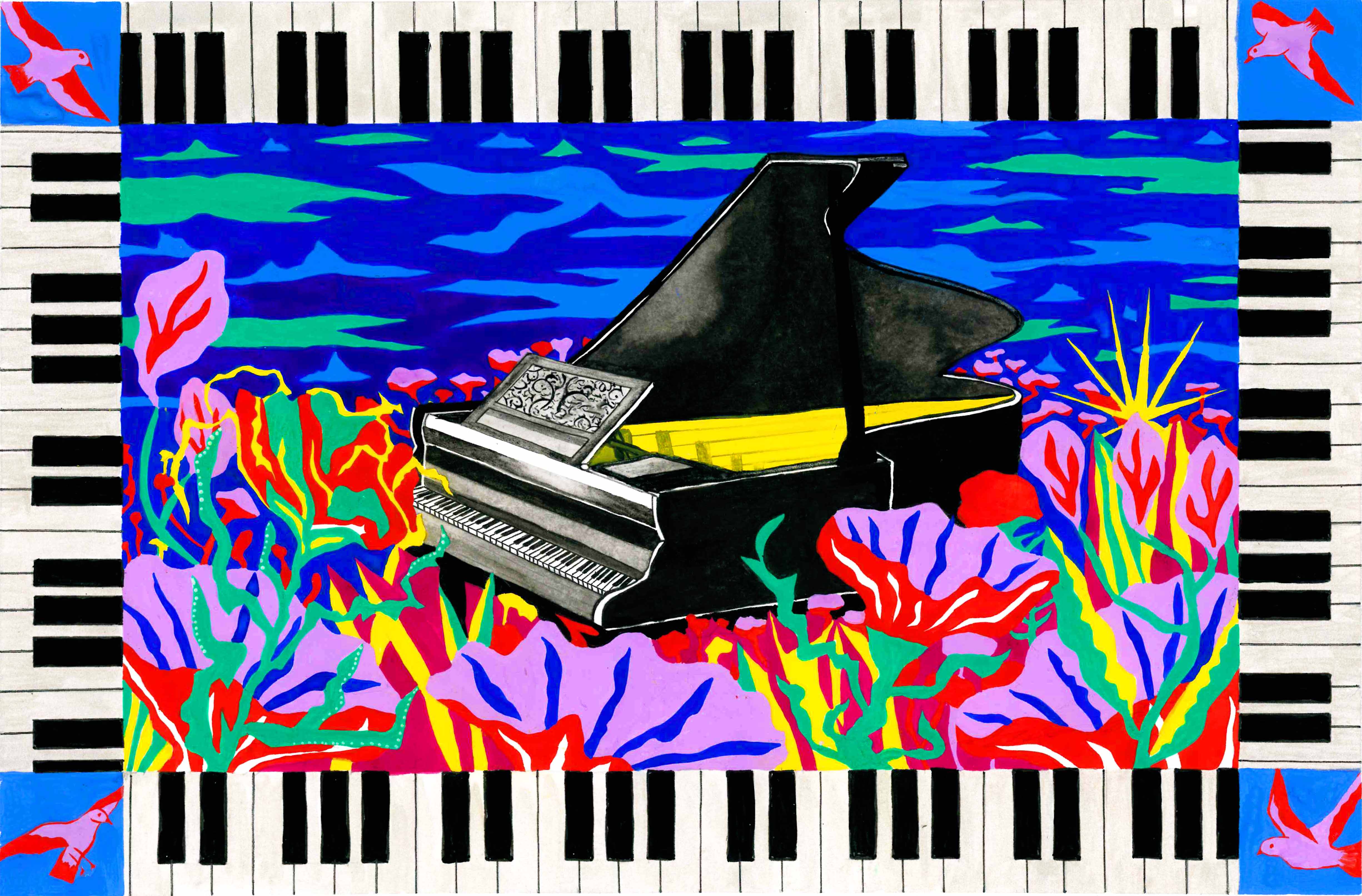 Piano sur mer, peinture à la gouache, 29,7 x 42 cm