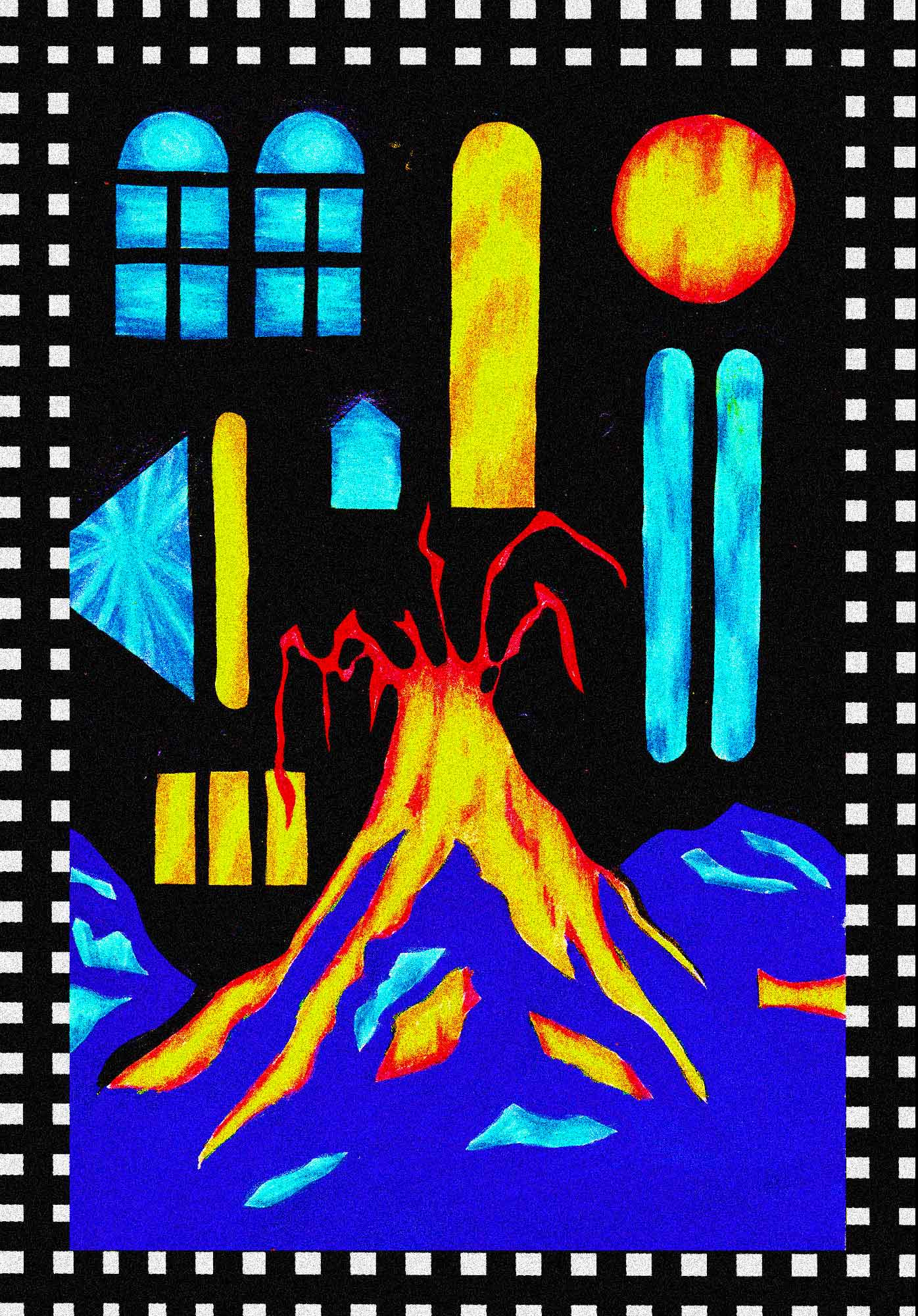 Volcan à fenêtre, peinture à la gouache, 21 x 29,7 cm