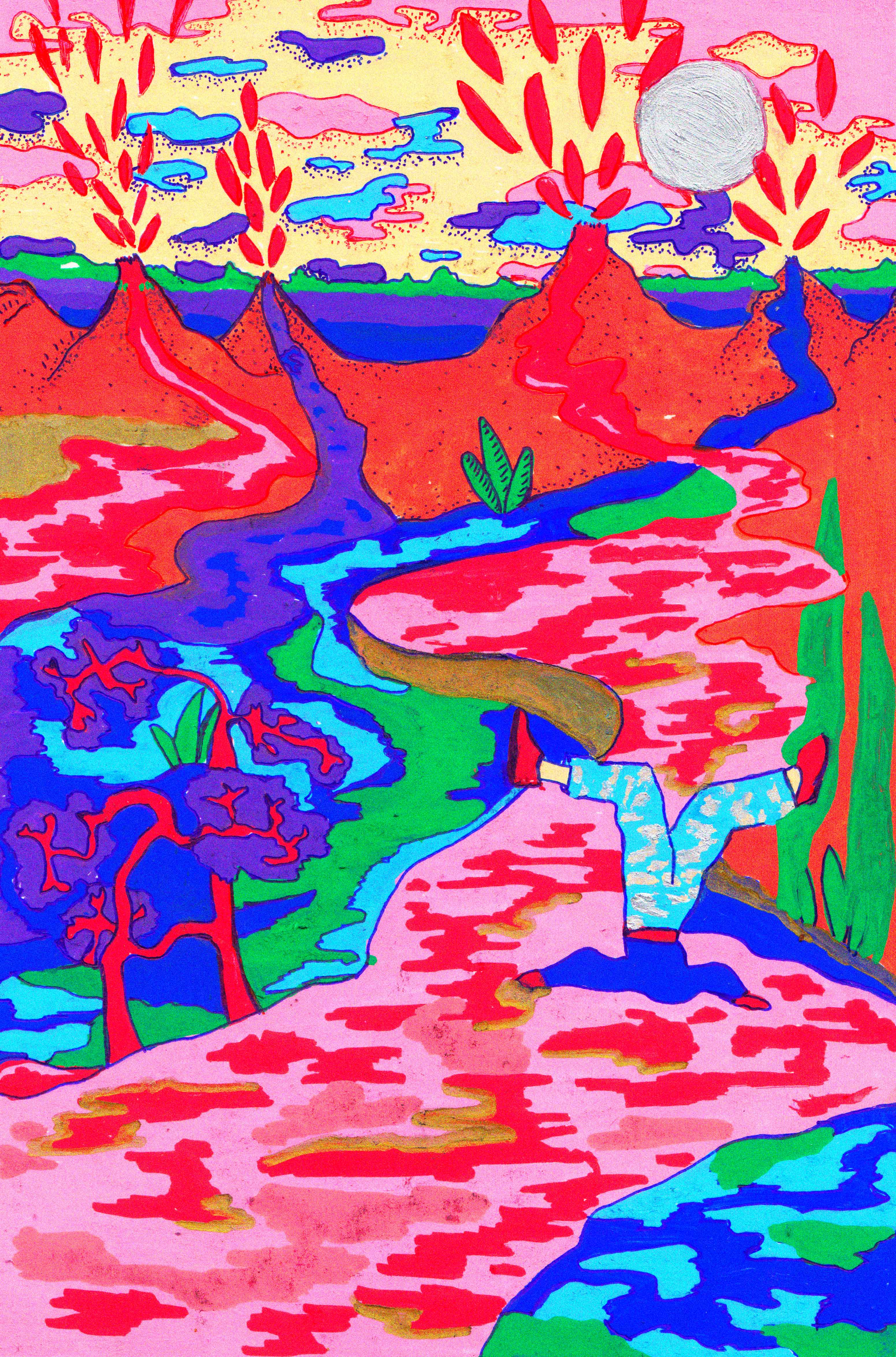 La tête dans l'eau, peinture à la gouache et crayons de couleurs, 21 x 29,7 cm