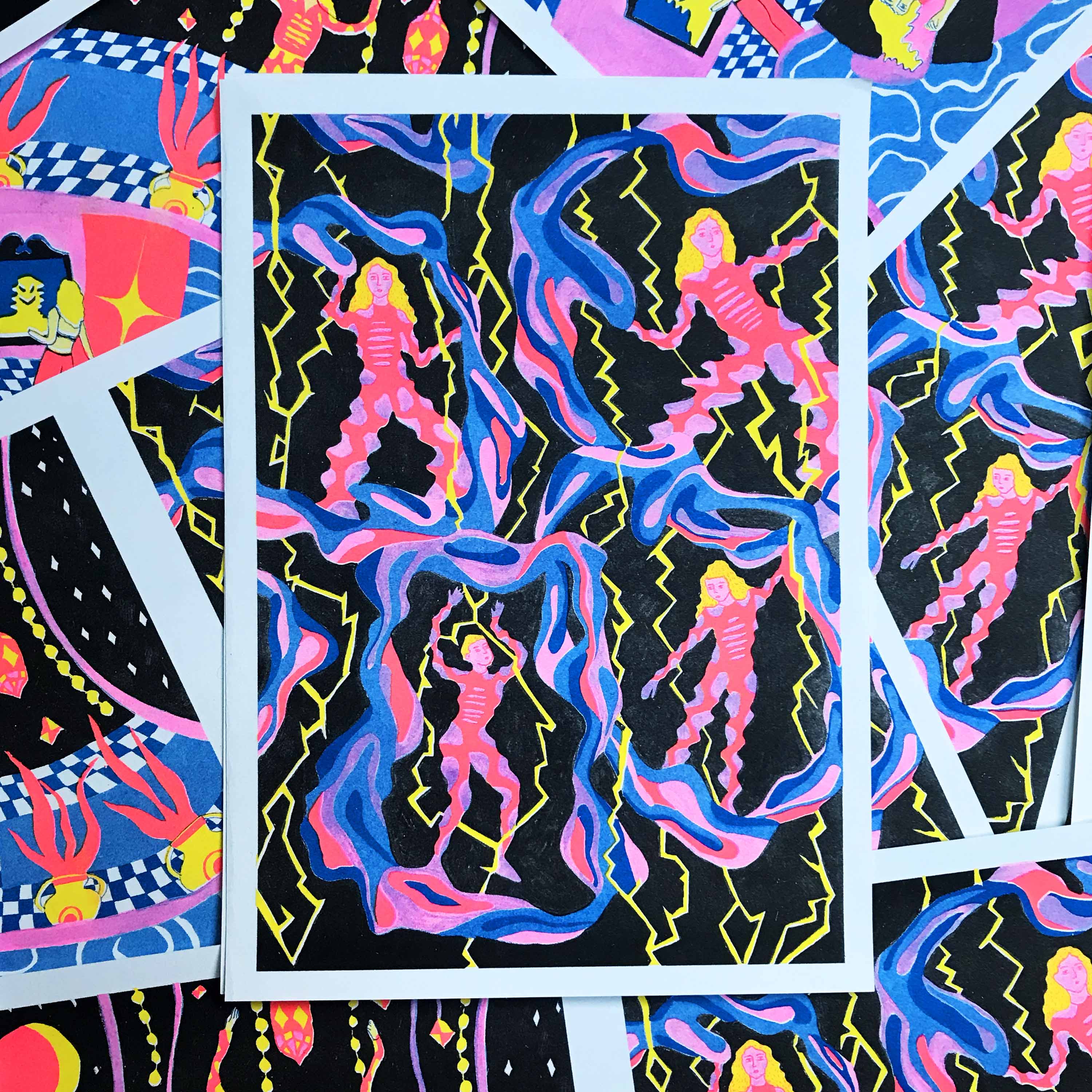 Éclair, risographie 4 couleurs imprimée par l'Atelier Leoka, 21 x 29,7 cm, 2023