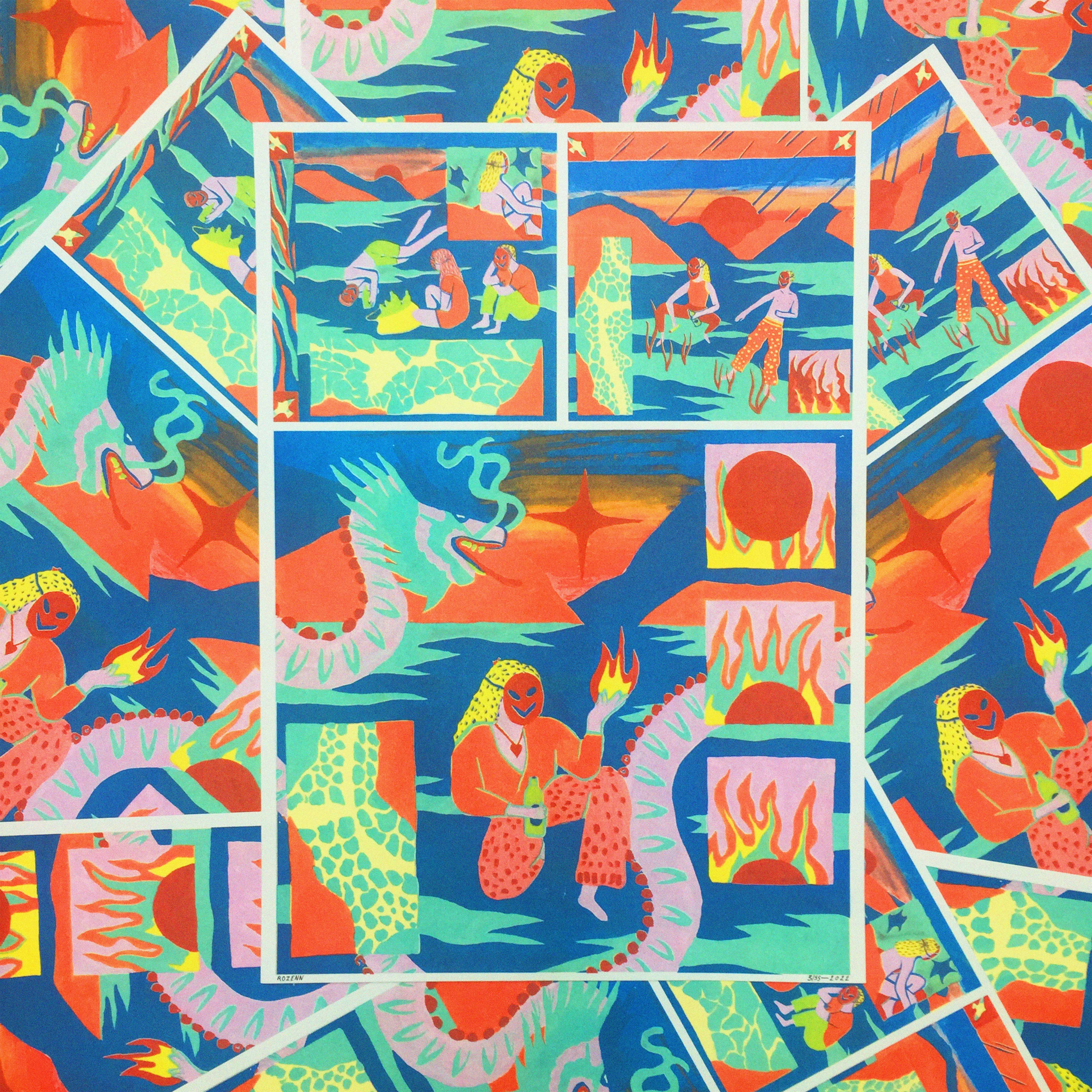 Rencontre, risographie 5 couleurs imprimée par l'Atelier Leoka, 29,7 x 42 cm, 2022